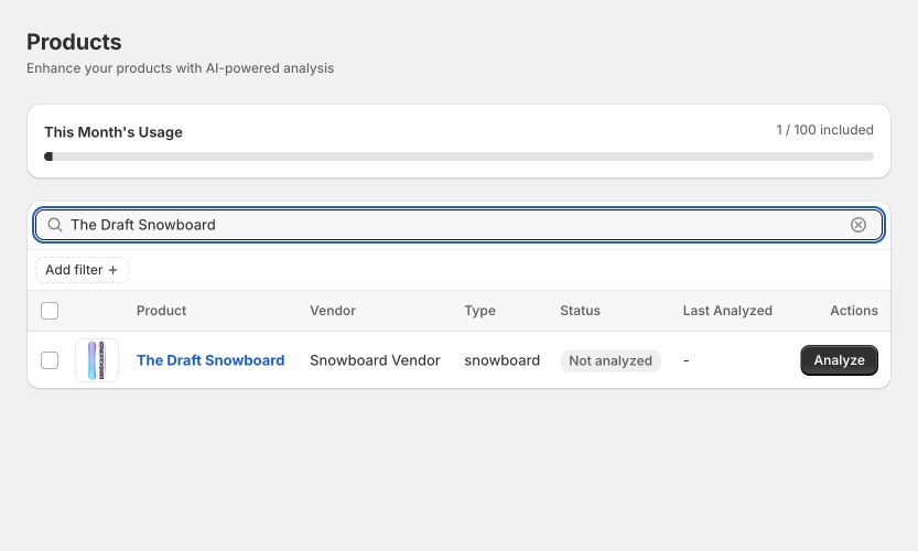 Products-Seite mit Suche nach The Draft Snowboard und Analyze-Button in der Produktzeile.