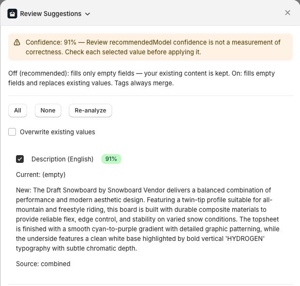 Review Suggestions zeigt eine leere aktuelle Beschreibung, den KI-Vorschlag, eine Confidence-Angabe und die Feldauswahl.