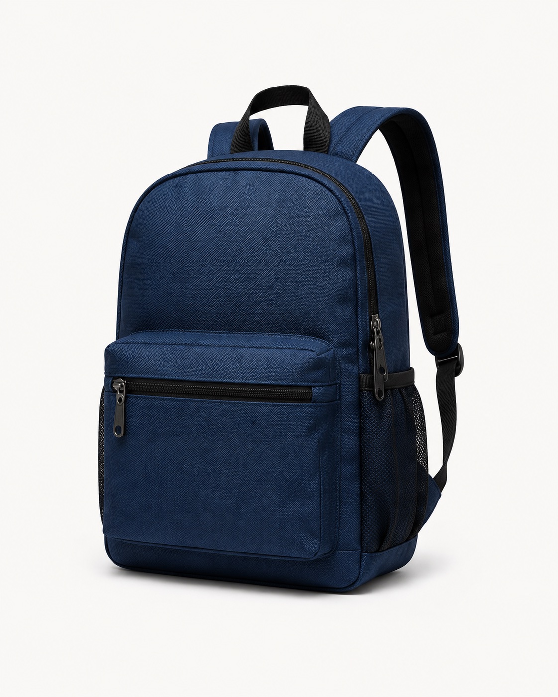 Beispielbild: dunkelblauer Rucksack mit abgerundeter Oberseite, Reißverschluss-Frontfach und seitlichen Netztaschen.